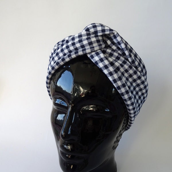 Serre-tête bandana avec fil d'aluminium, fabriqué à la main de manière durable à partir de tissu de seconde main : à carreaux bleu foncé et blanc