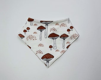 Sustainable, handmade, recycled scarf/ bib for babies, white with rust color mushrooms, autumn, closure with press studs
