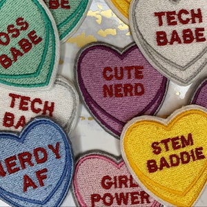Cute Valentines Gift for Women in STEM | Custom Text Tech Boss Babe STEM Baddie Personalized | Candy Heart Iron On Patches | LaSTEMgirl