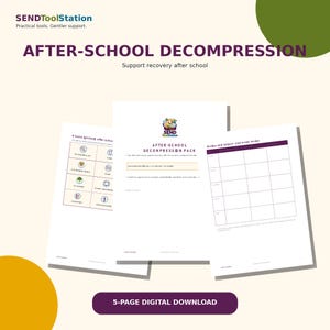 Puede incluir: Una descarga digital de 5 páginas titulada After-School Decompression Pack de SENDToolStation. El documento incluye una cuadrícula de iconos para actividades extraescolares, una portada con el logotipo y una tabla de revisión semanal con celdas.