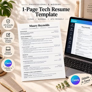 May include: A one-page tech resume template document featuring the name Maury Reynolds, education, work experience, projects, and technical skills. The document is displayed next to a laptop screen showing the same resume layout in a Canva interface.