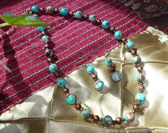 Handcrafted necklace and earring set with jasper gemstones and copper accents