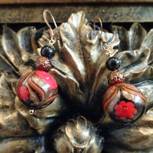 Handcrafted black and crimson Murano earrings