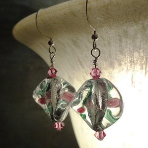 Handcrafted artisanal earrings with &quot;flowers in ice&quot; motif & patatina twist design