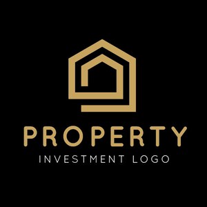Pode incluir: Um logotipo dourado com um design de casa estilizado e o texto "PROPERTY INVESTMENT LOGO".