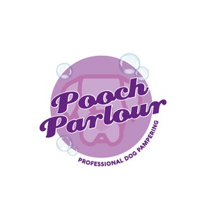 Pre-hecho genérico perro acicalamiento púrpura mascota Pooch Paour patas Círculo Burbujas Empresa Marca Marca Logotipo Diseño Branding