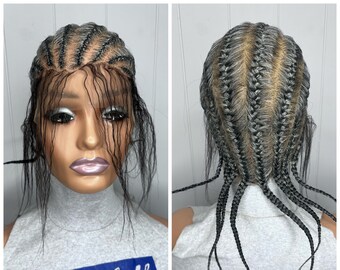 Ready to Ship Salt and Pepper Cornrows Box braid wig for black women braided full lace wig Braided Wigs, braids wigs, lace wig, Box Braids