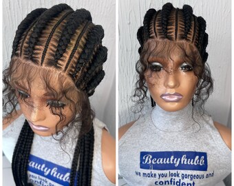 Ready to Ship Black Cornrows Stitch braid wig for black women Braided Wig, braids wig lace wig, Box Braids Handmade full lace wig