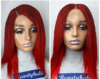 Ready to Ship Red Feathers Micro Braids, Micro Braid Wig, Wig for Black Women, Braid Wigs, Lace Closure Wig, Lace Wig, Twist braided wig