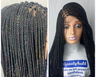 Ready to Ship Shinny Multicoloured Tinsel Box braid wig for black women Braided Wigs, braids wigs, lace wig, Box Braids Closure wig