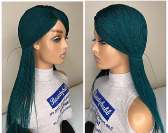 Ready to ship Green Feathers Micro Braids, Micro Twists Wig, Wig for Black Women, Lace Closure Wig, Lace Wig, braided wig, Twist Braid Wig.