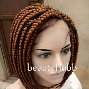 Brown Bob Box Braid Wig: Two Way Part, Lace Closure