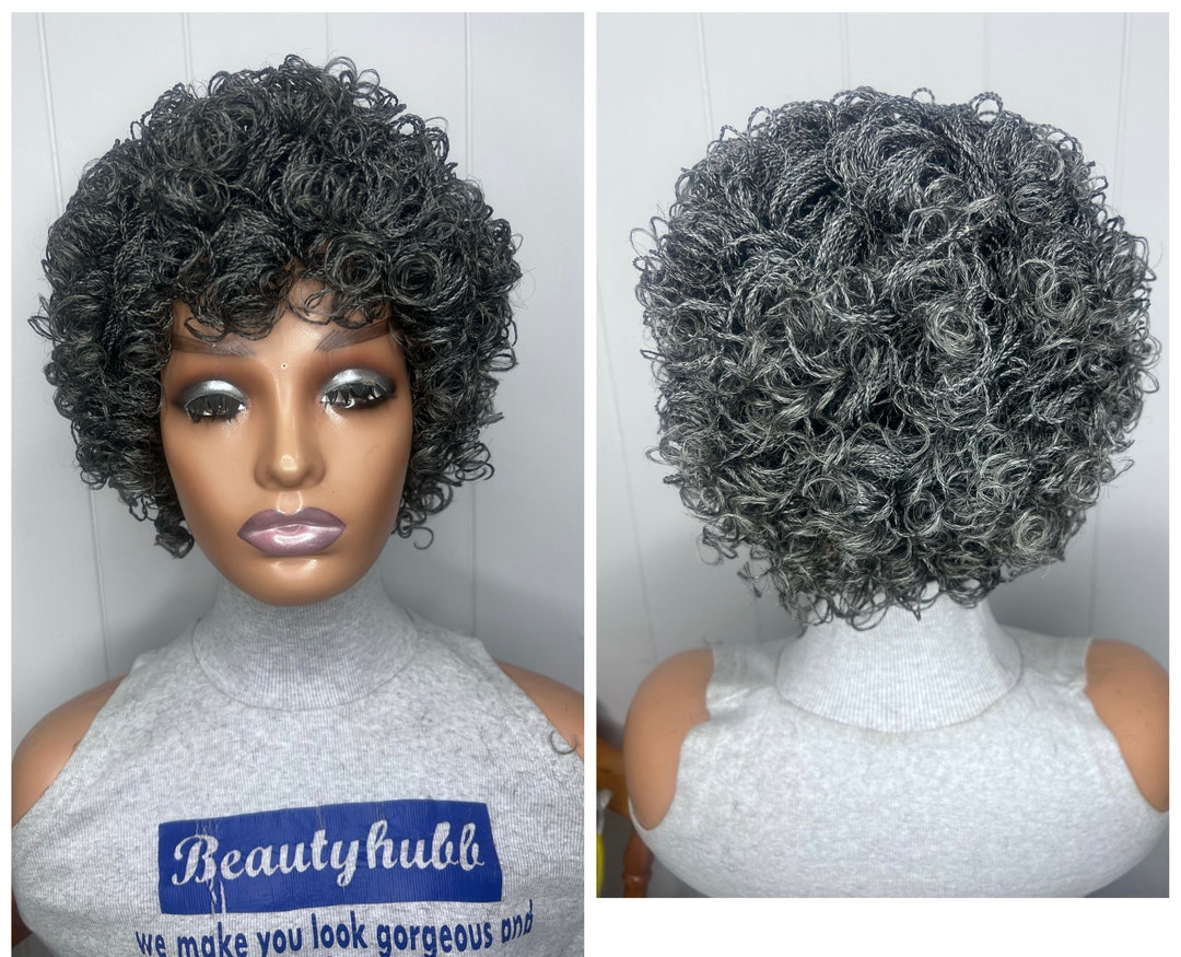 Ready to Ship Short Curly Salt and Pepper Twists Braid Wig, Micro Braid