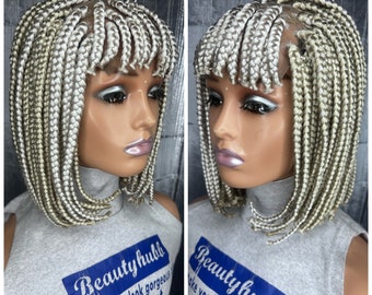 Ready to ship Off White and Platinum white mix Box Braided Bob Wig with a bangs, Box Braid Wig, braids wigs, lace closure wig, Box Braids