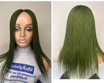 Ready to ship Army Green Feathers Micro Braids, Micro Twists Wig, Wig for Black Women, Lace Closure Wig, Lace Wig, braided wig, Twist Wig