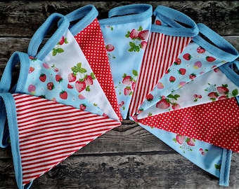 Strawberry Themed Fabric Bunting - Blue, Red & White | afternoon tea garden party bunting