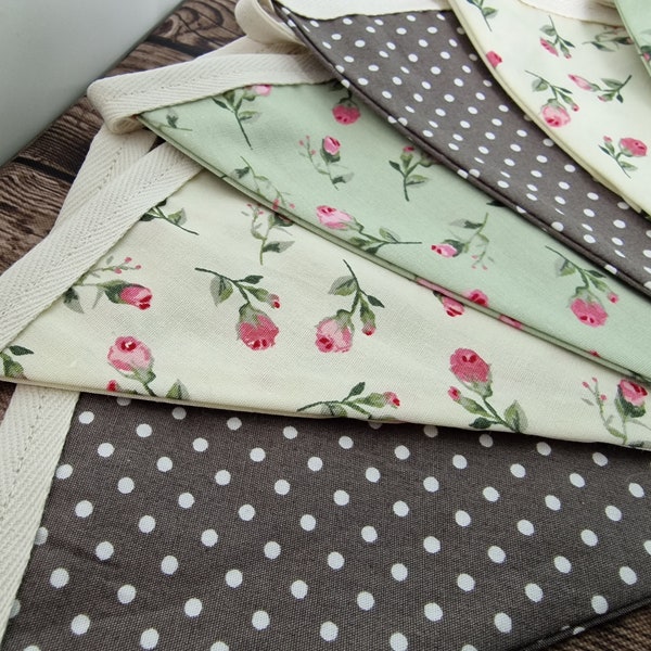 Vintage Style Floral Spotted Fabric Bunting - grey mint & cream | country cottage décor | floral farmhouse bunting