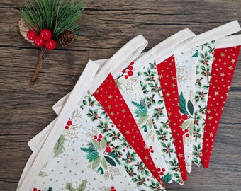 Christmas Bunting - Red Ivory Gold Holly design | Fireplace bunting | Christmas wall decoration