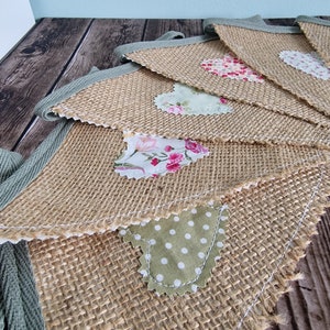 Hessian Hearts Handmade Fabric Bunting - Sage Ditsy Floral | shabby chic rustic bunting | summer house décor