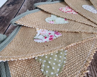 Hessian Hearts Handmade Fabric Bunting - Sage Ditsy Floral | shabby chic rustic bunting | summer house décor