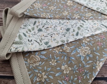 Vintage Style Olive & Cream floral Double Sided Fabric Bunting | country cottage décor | farmhouse bunting | floral bunting