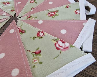 Outdoor bunting waterproof - Sage Green & Pink 3 metres | Vintage Style floral bunting | shabby chic country cottage garden décor
