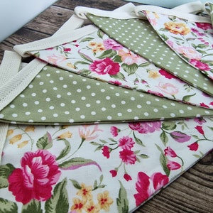 Vintage Style Wild Pink flowers & Sage Spotted Double Sided Fabric Bunting | country cottage décor | farmhouse bunting | floral bunting