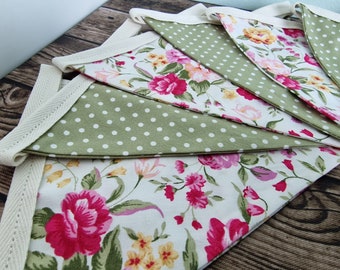 Vintage Style Wild Pink flowers & Sage Spotted Double Sided Fabric Bunting | country cottage décor | farmhouse bunting | floral bunting