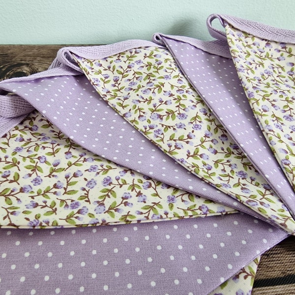 Vintage Style Lilac & Cream Floral Spotted Double Sided Handmade Fabric Bunting | country cottage decor | farmhouse bunting | purple bunting