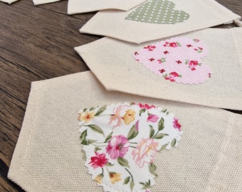 Pink & Green Ditsy Hearts Pennant Bunting Banner | country cottage décor | floral bunting
