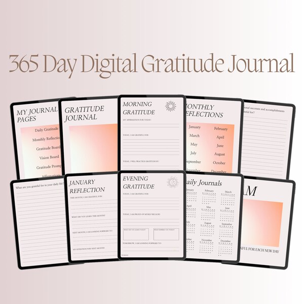 365 Day Digital Gratitude Journal, Hyperlinked Journal, Journal Prompts, Digital Vision Board, Morning Journal, Reflection Journal