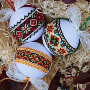 Holiday decor - Ukrainian christmas ornaments - Set of 3 christmas baubles - Embroidery Christmas tree ornament
