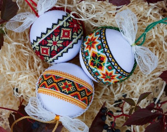 Holiday decor - Ukrainian christmas ornaments - Set of 3 christmas baubles - Embroidery Christmas tree ornament