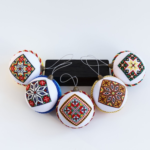 Handmade Ukrainian Cross Stitch Christmas Ornaments - Set of 6