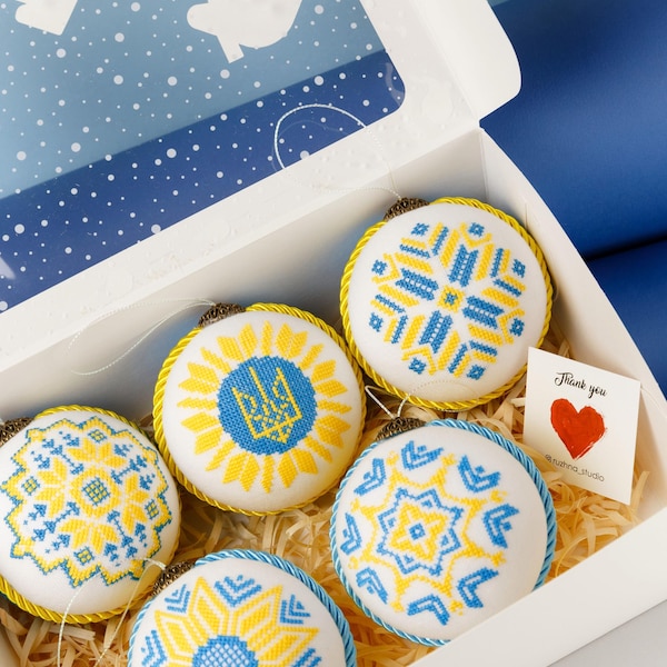 Embroidered Ukrainian Christmas Ornaments – Handmade Cross-Stitch Baubles, Set of 6