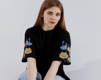 Ukrainian t-shirt with embroidery - Woman black t-shirt - Blue and yellow flowers - Oversized t-shirt - Mother's day gift
