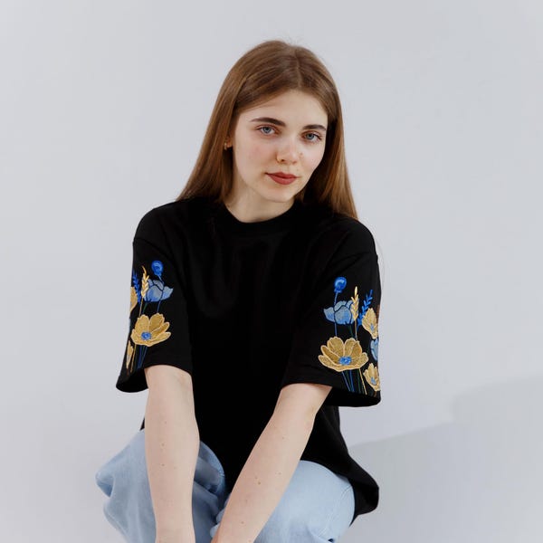 Ukrainian t-shirt with embroidery - Woman black t-shirt - Blue and yellow flowers - Oversized t-shirt - Mother's day gift