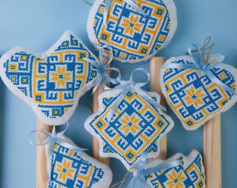 Ukrainian Cross Stitch Christmas Ornaments - Set of 6 Embroidered Decorations