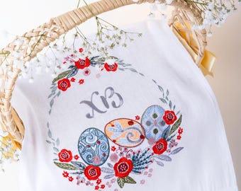 Ukrainische gestickte Osterkorb-Abdeckung - Leinen-Serviette, Ei-Dekor