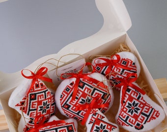 Ukrainian christmas ornaments - Set of 6 christmas ornaments handmade - felt embroidered christmas ornaments