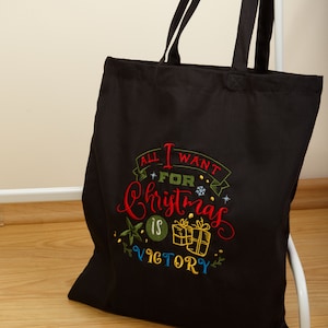 Embroidered tote bag canvas - Black shopping bag for women - Ukrainian tote bag - All I want for Christmas is Victory - Ukraine shops