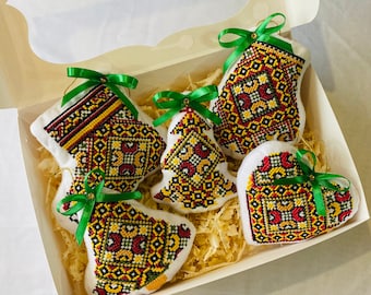 Handmade Ukrainian Embroidered Felt Christmas Ornaments - Set of 6