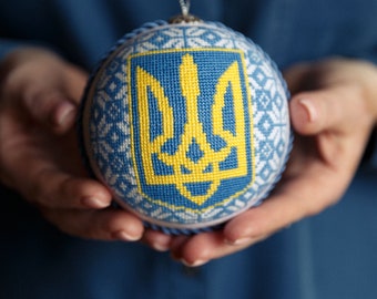 Christmas ornaments handmade - Ukrainian Trident - Hanging holiday decor with Ukrainian Coat of Arms  - Ukrainian patriotic ornament