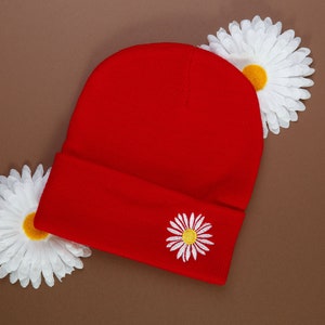 Valentines day beanie gift - Daisy Beanie  - Cuffed Beanie with embroidery - Winter hats with heart-  Gifts for her