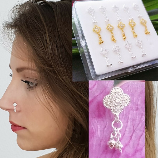 925 Sterling Argent Nez Piercing Nez Stud Indien Nez Bijoux Nez Stud Flocon De Neige Suspendu Mardin Piercing Anneau Or 18K Plaqué Or