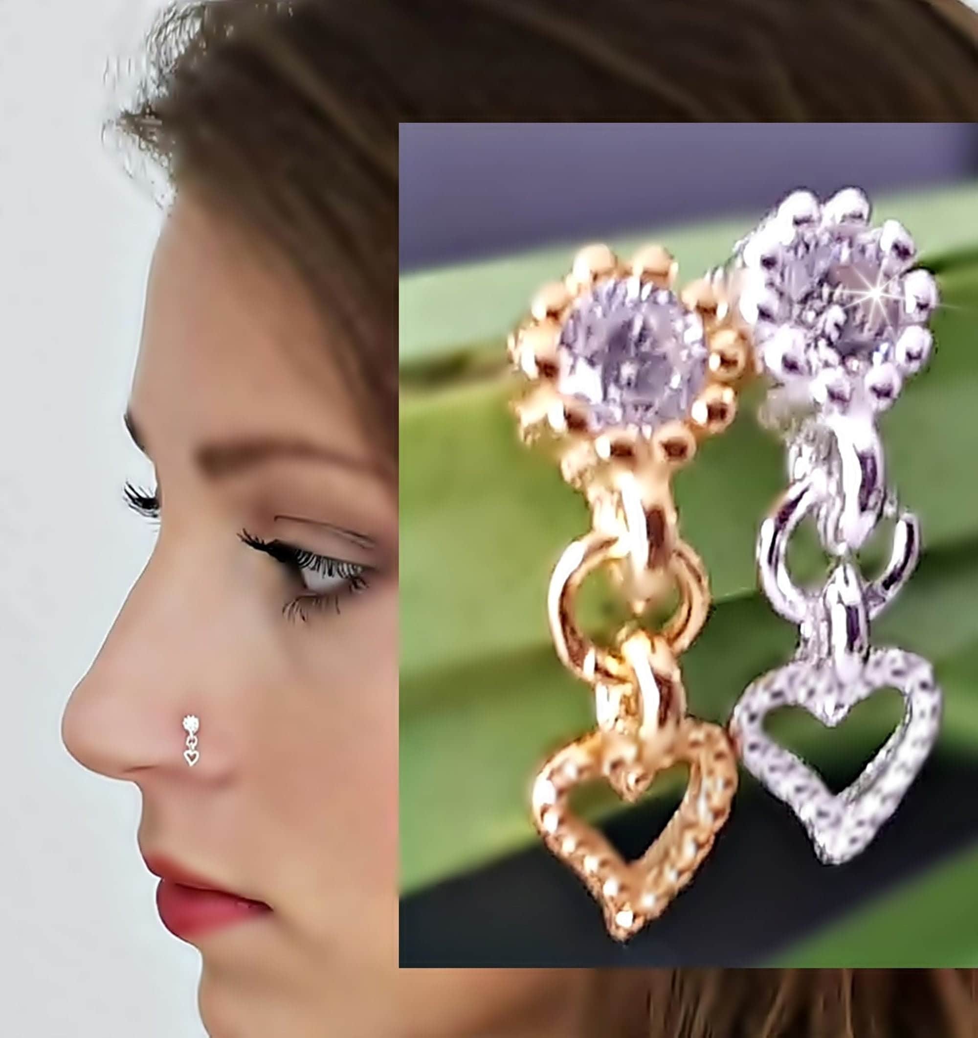 925 Sterling Silver Nose Piercing Zirconia Heart Nose Stud 18 Carat Gold Plated Nose Stud Plug Piercing Hanging Jewelry