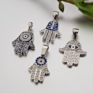 925 Silver Pendant with Chain Hand of Fatima Hamsa Blue Eye Khamsa Pendant Chain Nazar Evil Eye