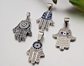 925 Silver Pendant with Chain Hand of Fatima Hamsa Blue Eye Khamsa Pendant Necklace Nazar Evil Eye