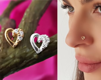 925 Sterling Silver Heart 18K Gold Plated Nose Piercing Nose Stud Plug Piercing Nose Stud Nariz Nez