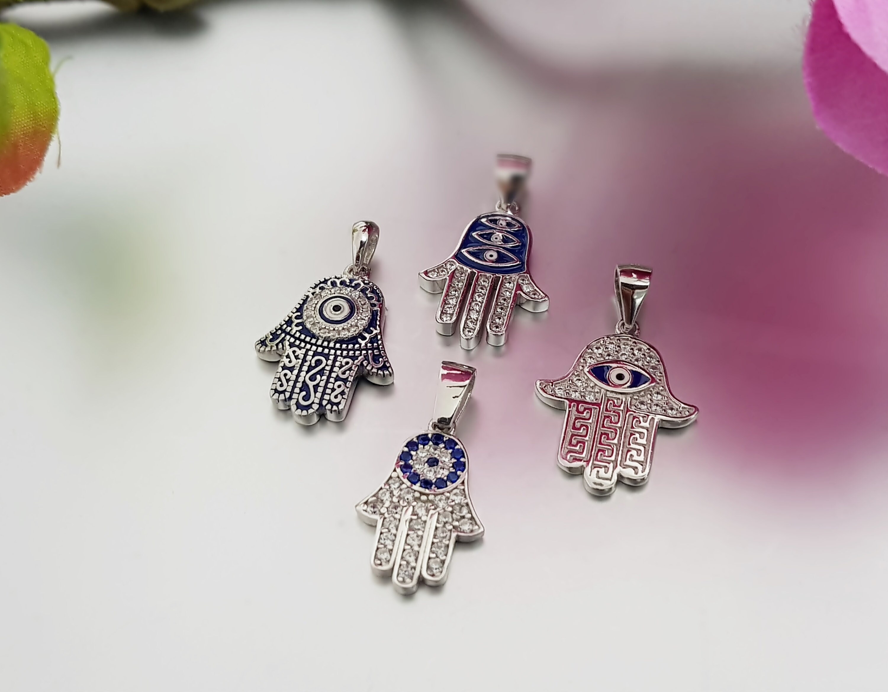 Collier Argent 'Oeil de Fatma' bleu argenté (rhodié) - 10x5 mm - [R9785